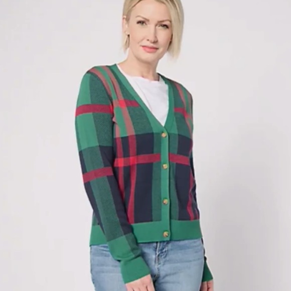 NWT Studio Park x Alberti Popja Women’s Festive Plaid Cardigan medium - Picture 1 of 4
